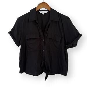 Calligraphie Black Linen Blend Tie Front Blouse Top S Boho Minimalist Summer